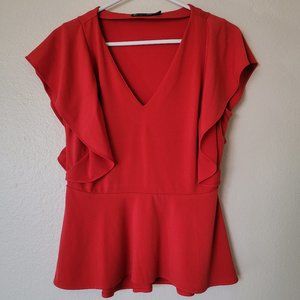 new york & company red ruffle sleeve v neck peplum blouse
